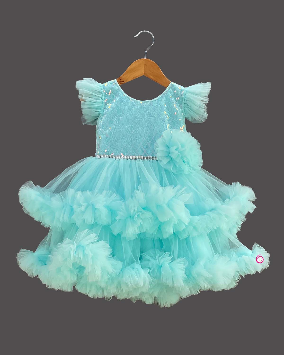 Girls applique ruffled elegant frock - Sky Blue