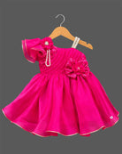 One-shoulder pleated organza baby party wear dress with ruffle sleeve and floral applique.