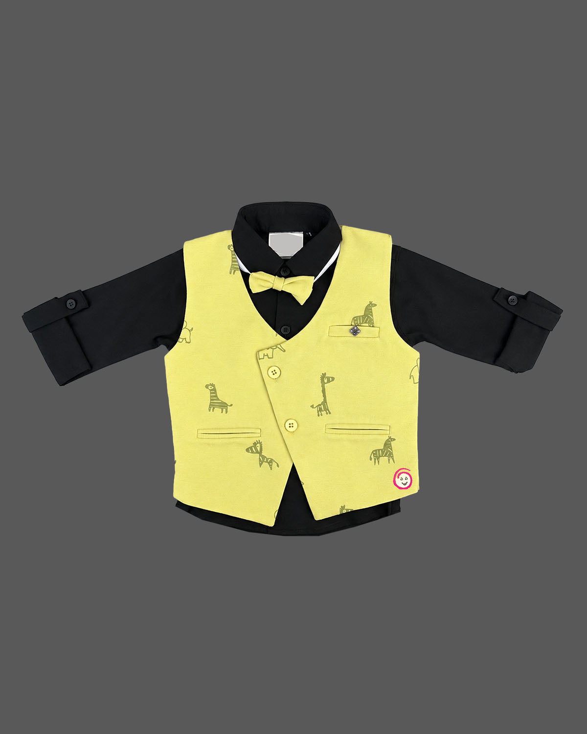 Boys printed waistcoat suit set with shirt, bow tie, and trousers for special occasions.