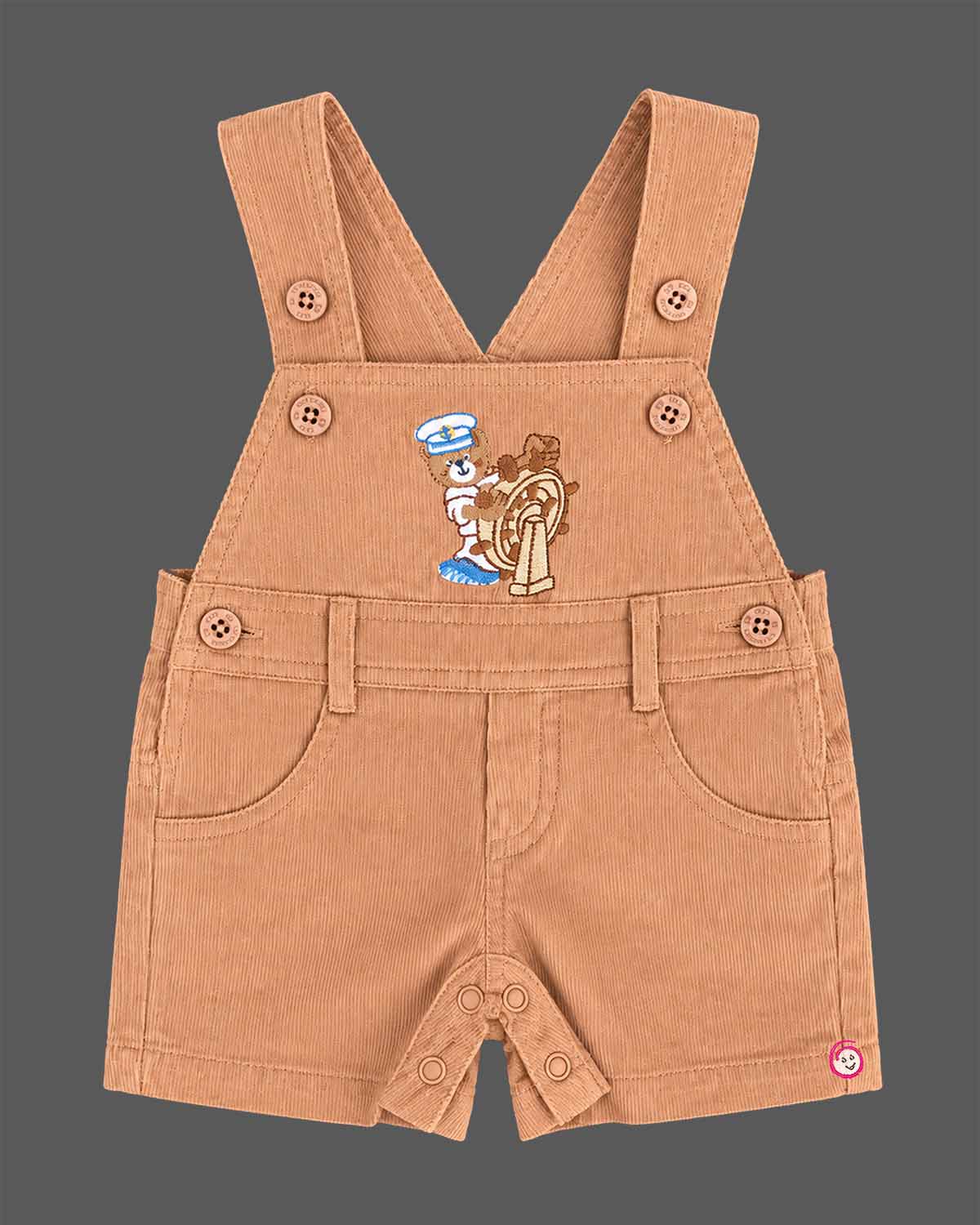 Boys dungaree set with nautical printed round neck t-shirt and light brown dungaree shorts