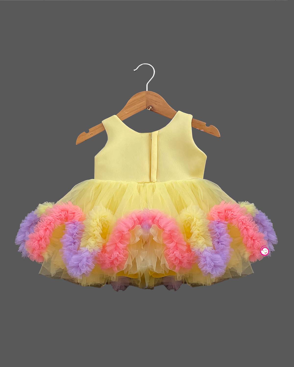 Girls ruffled applique partywear frock - Light Yellow