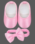 Asymmetric organza rosette kids party wear frock set with matching booties and bow headband