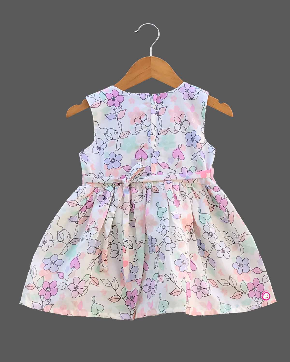Girls flower printed with bow casual frock - Pink