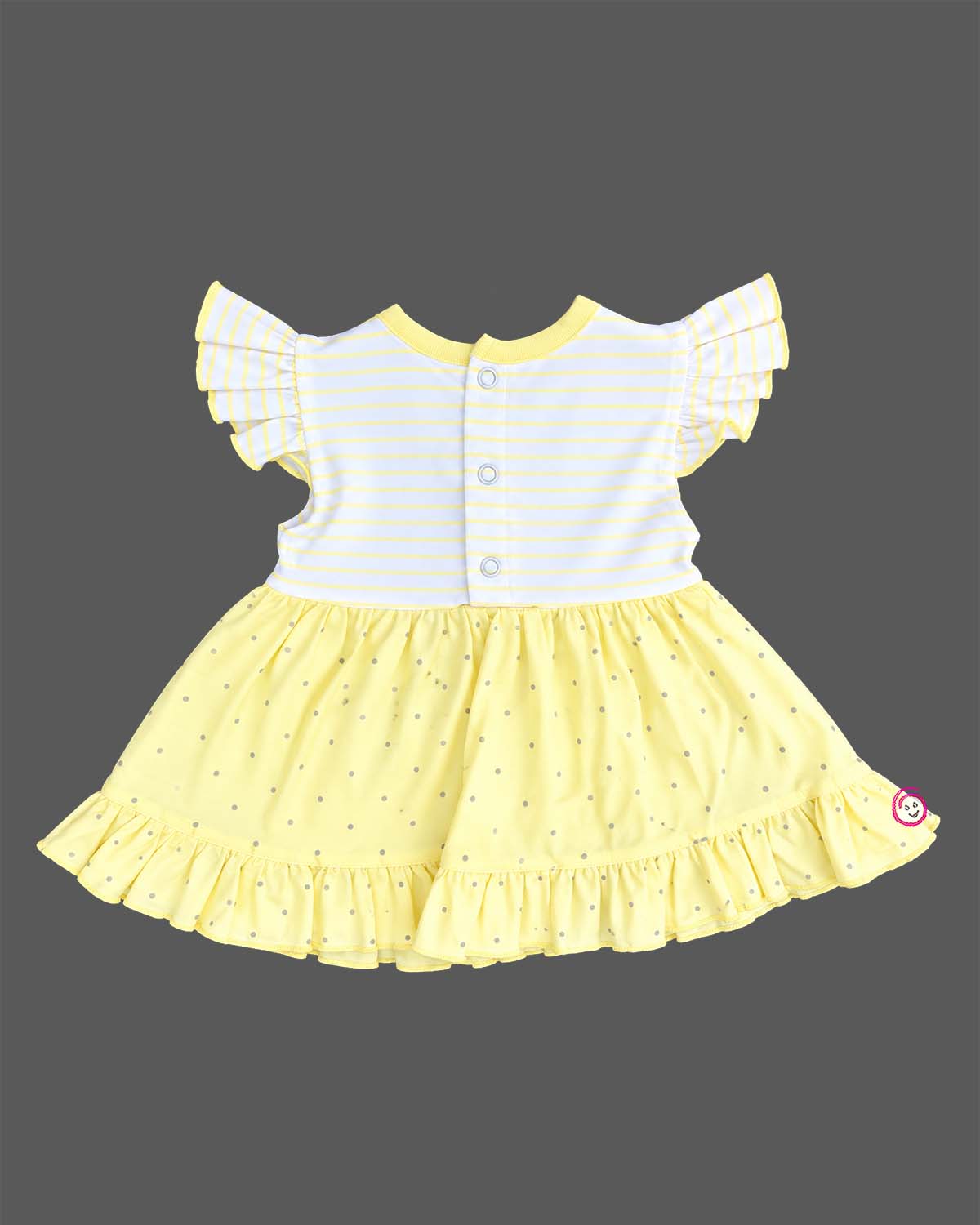 Yellow striped and polka dot infants frock with frill sleeve and kitty applique