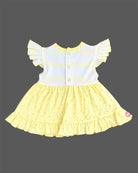 Yellow striped and polka dot infants frock with frill sleeve and kitty applique