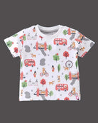 Boys Animal Patch Romper With Half Sleeves Vehicle Printed Top - Red