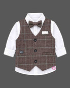 Toddler boys indo western dress for boys featuring structured check waistcoat, crisp shirt, matching pant, and bow tie.