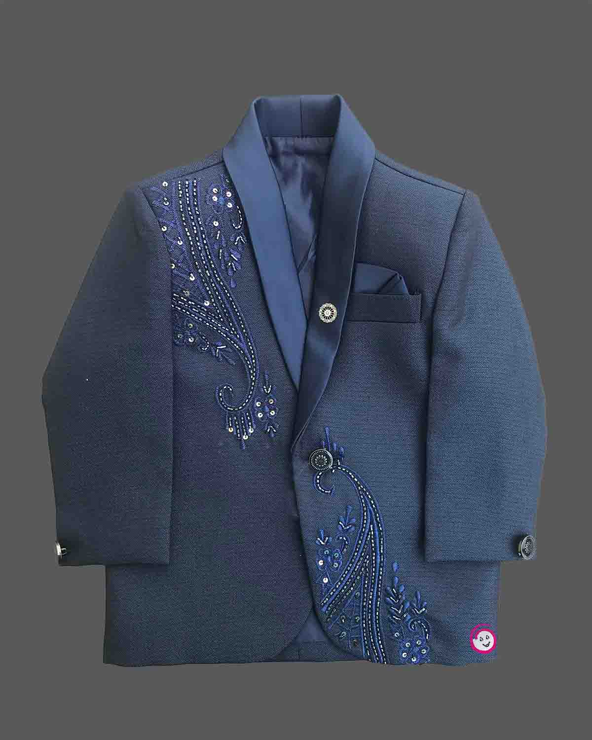 Boys navy blue formal tuxedo blazer with sequin embellishments, satin , bow tie, brooch pin, paired with elastic waist formal pant