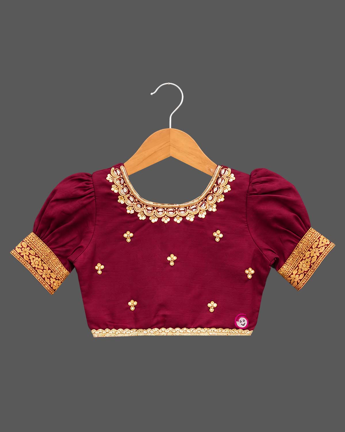 Pattu langa for kids with puff sleeve kundan neck choli, pleated zari border skirt and organza dupatta