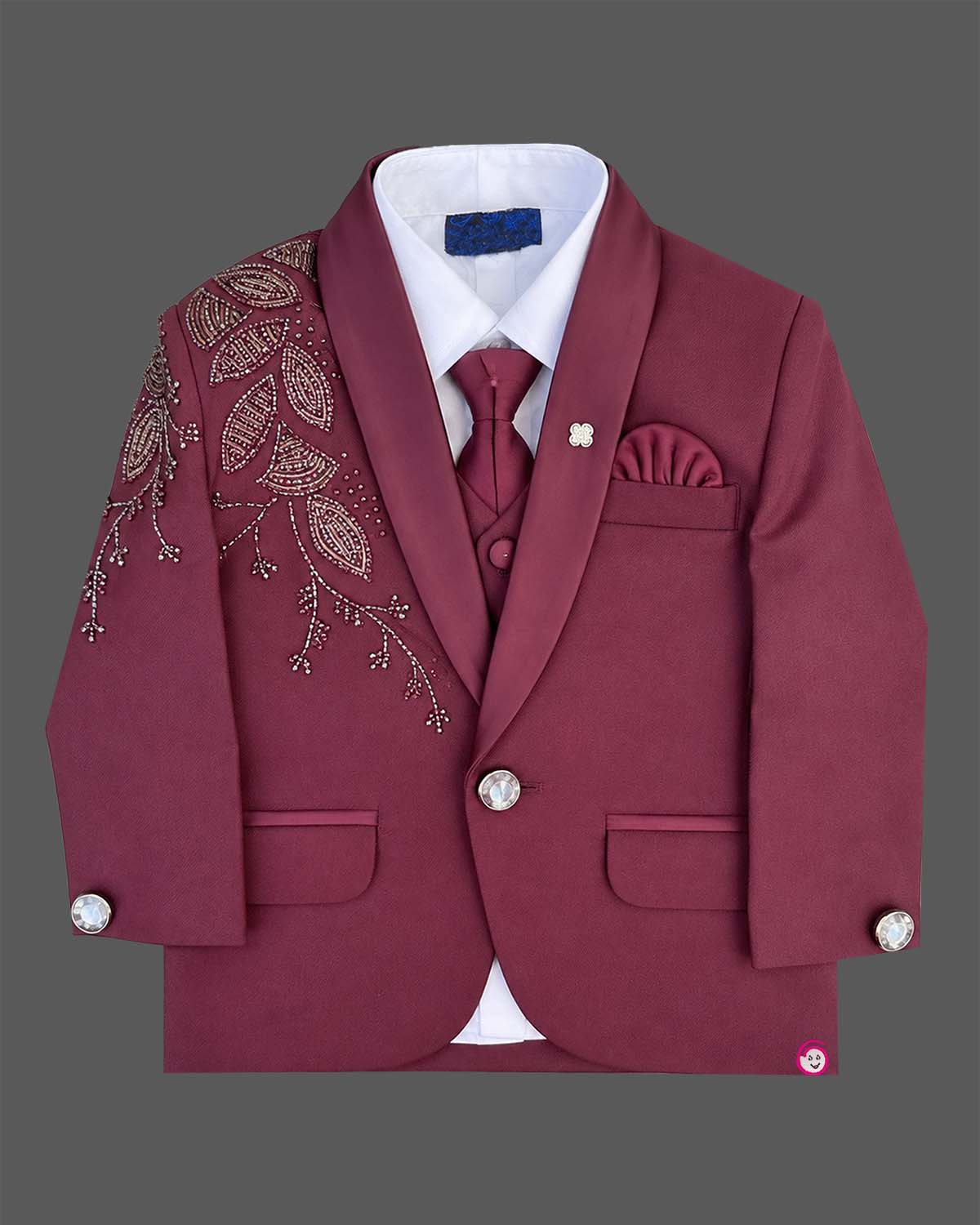 Boys tailored three-piece suit set featuring structured blazer, button-down shirt, and dress pant for events.
