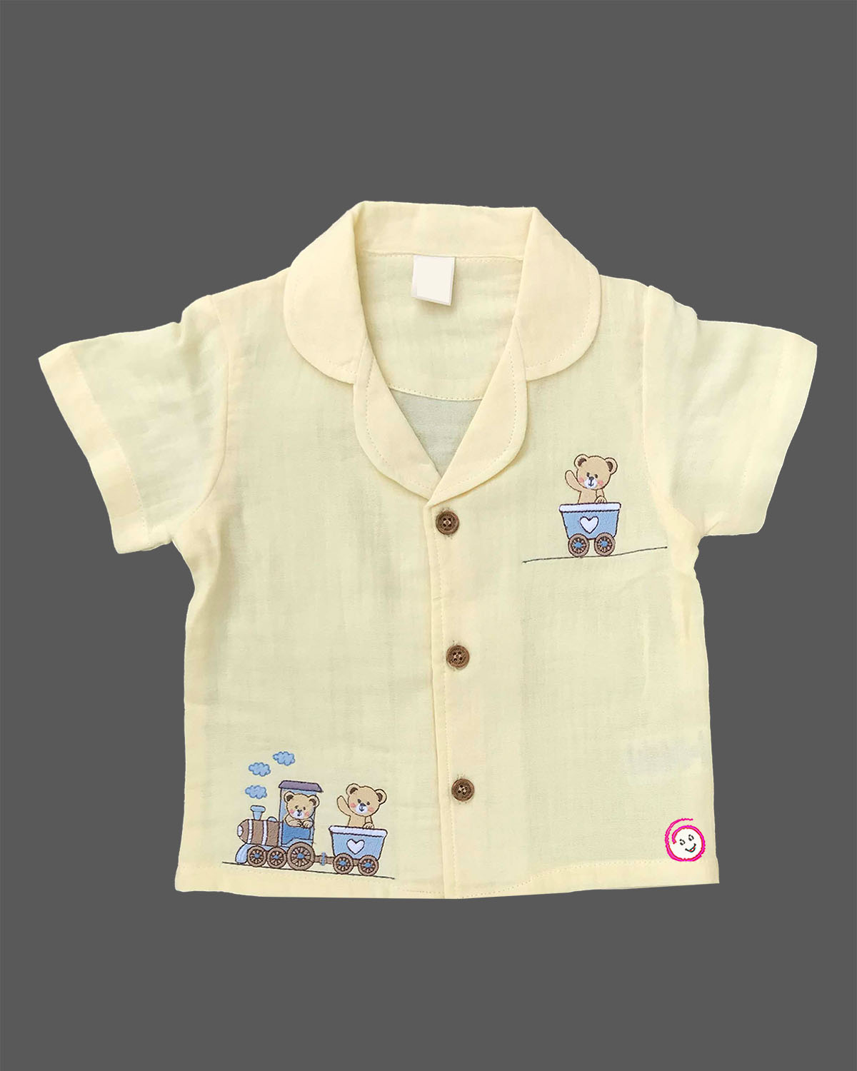 Little explorer button down short sleeve shirt and shorts set with cute train embroidery for toddlers