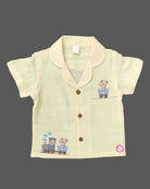 Little explorer button down short sleeve shirt and shorts set with cute train embroidery for toddlers
