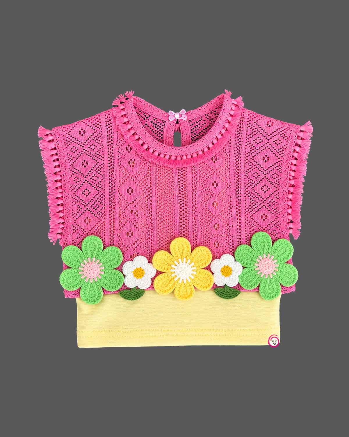 kids party wear outfit featuring crochet lace top and denim shorts with floral appliques