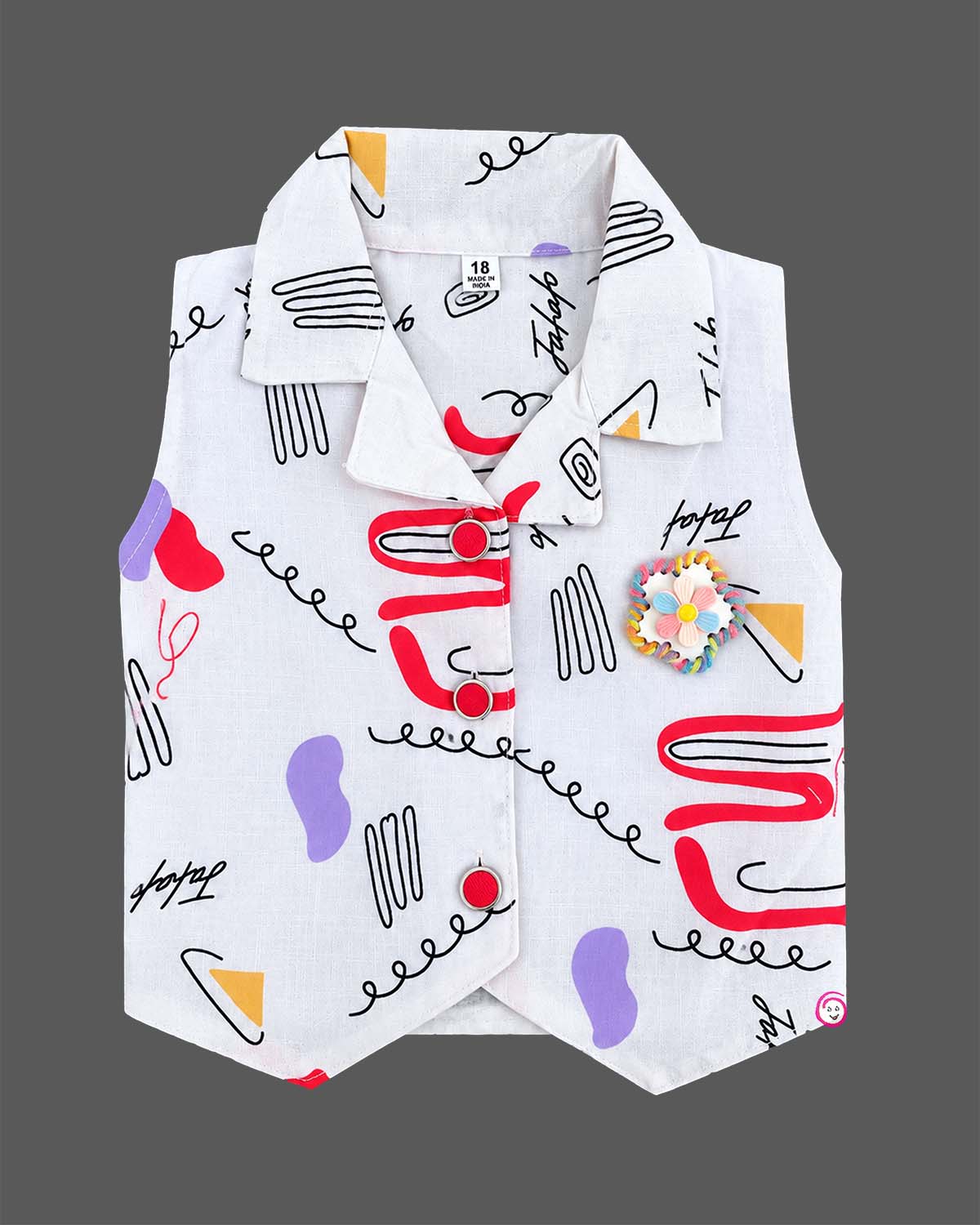 Girls sleeveless printed collar waistcoat with brooch and pleated flared skirt for kids party wear.