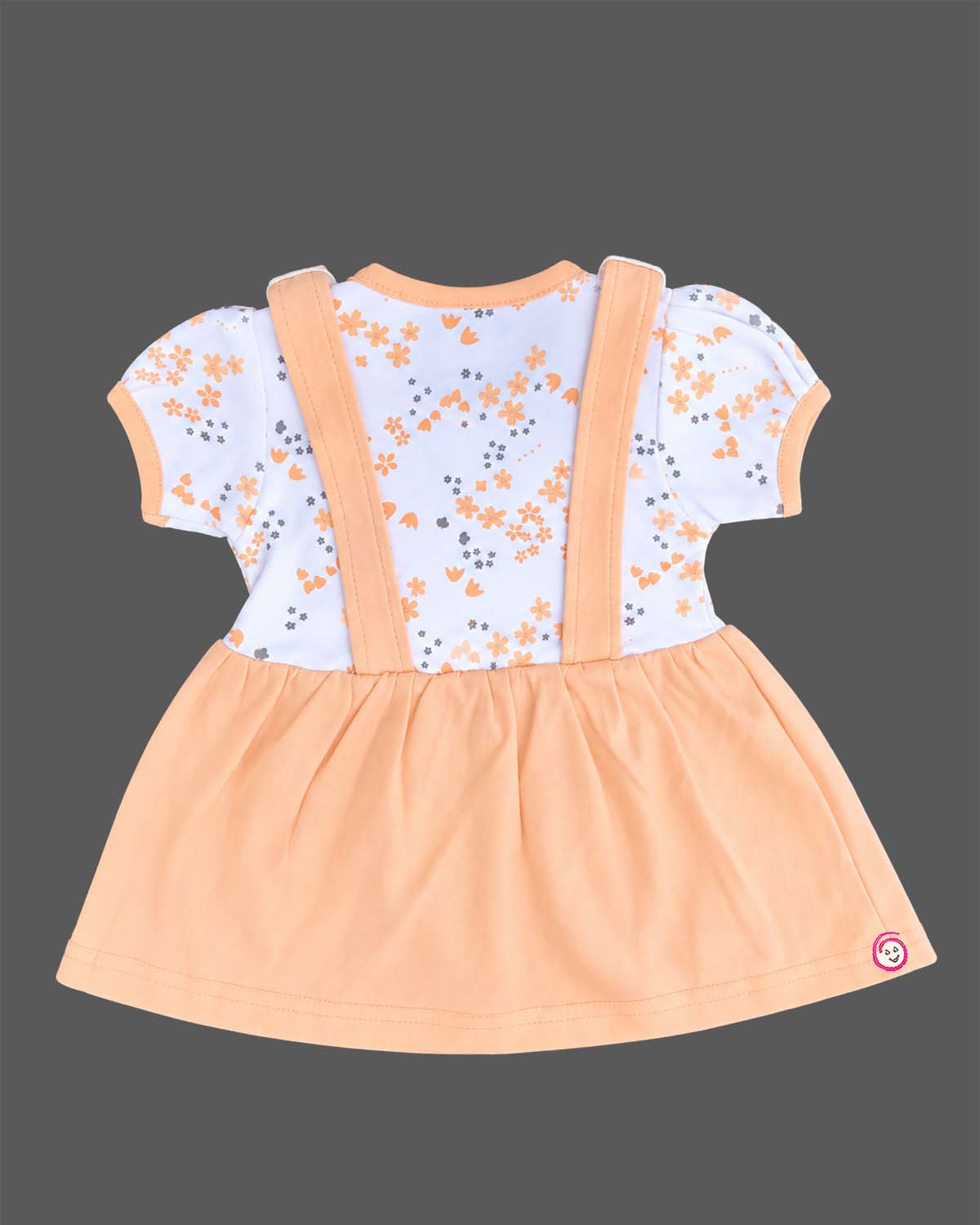Floral print  layered infants frock with duck embroidery on front bib