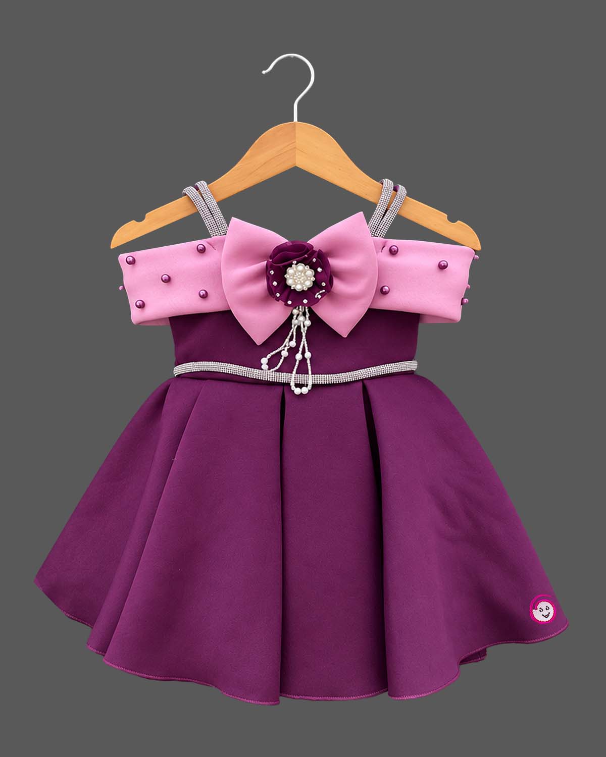 Toddler girl scuba frock featuring pleated flare and pearl details for party wear