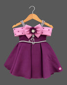 Toddler girl scuba frock featuring pleated flare and pearl details for party wear