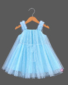 Sky blue net frock for girls with embellished shoulder flower detail for birthday party wear