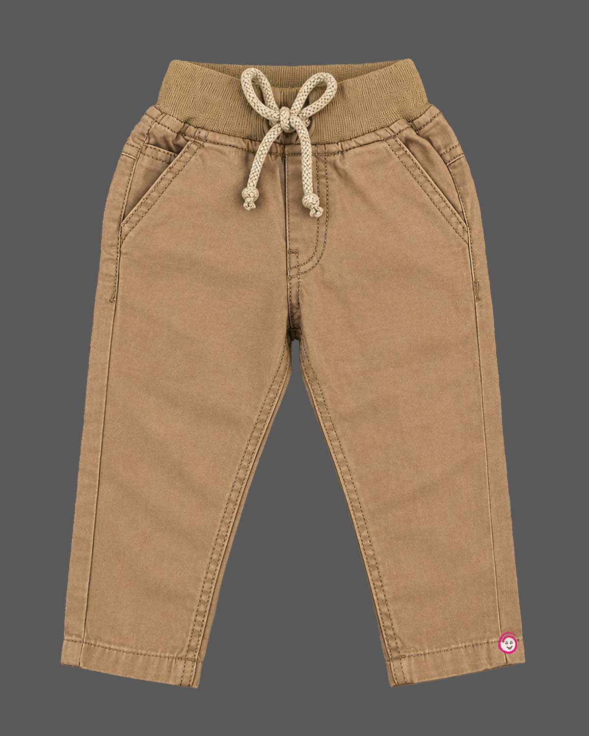 Toddler cotton chino pant featuring a ribbed elastic waist with drawstring for kids party wear collection.