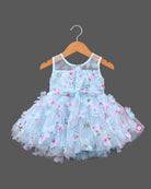 Floral appliqué tulle baby party wear dress with layered net skirt and illusion neckline