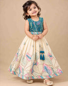 Girls sleeveless botanical embroidered lehenga choli for kids with pleated skirt and net dupatta