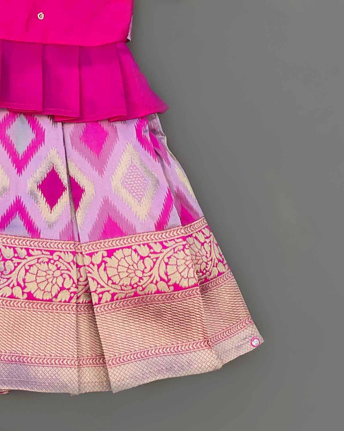 Girls Aari design traditional frock with puff sleeve - Pink
