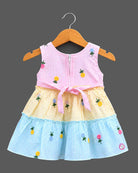 Sleeveless embroidered seersucker tiered frock with scoop neck and frill layers for toddlers.