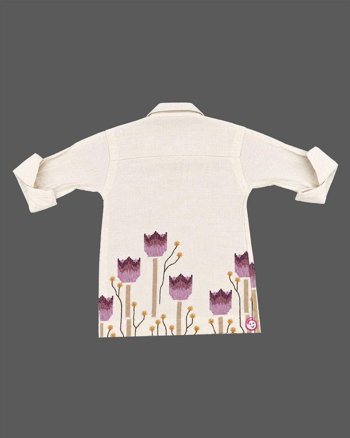 Little gentleman beige linen shirt with purple tulip floral print for boys