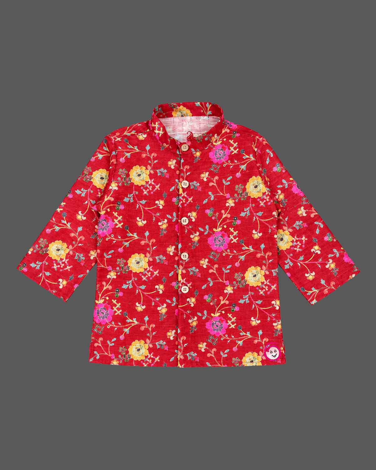Boys jacquard tunic top and kids dhoti kurta featuring woven floral patterns and structured button front.