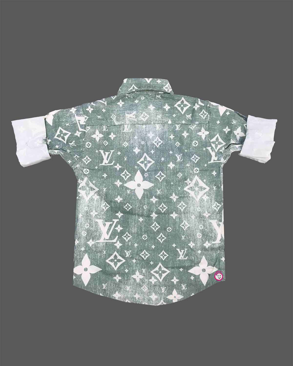 Trendy toddler boys casual chambray button-down shirt featuring an all-over monogram print and dual front chest pockets.