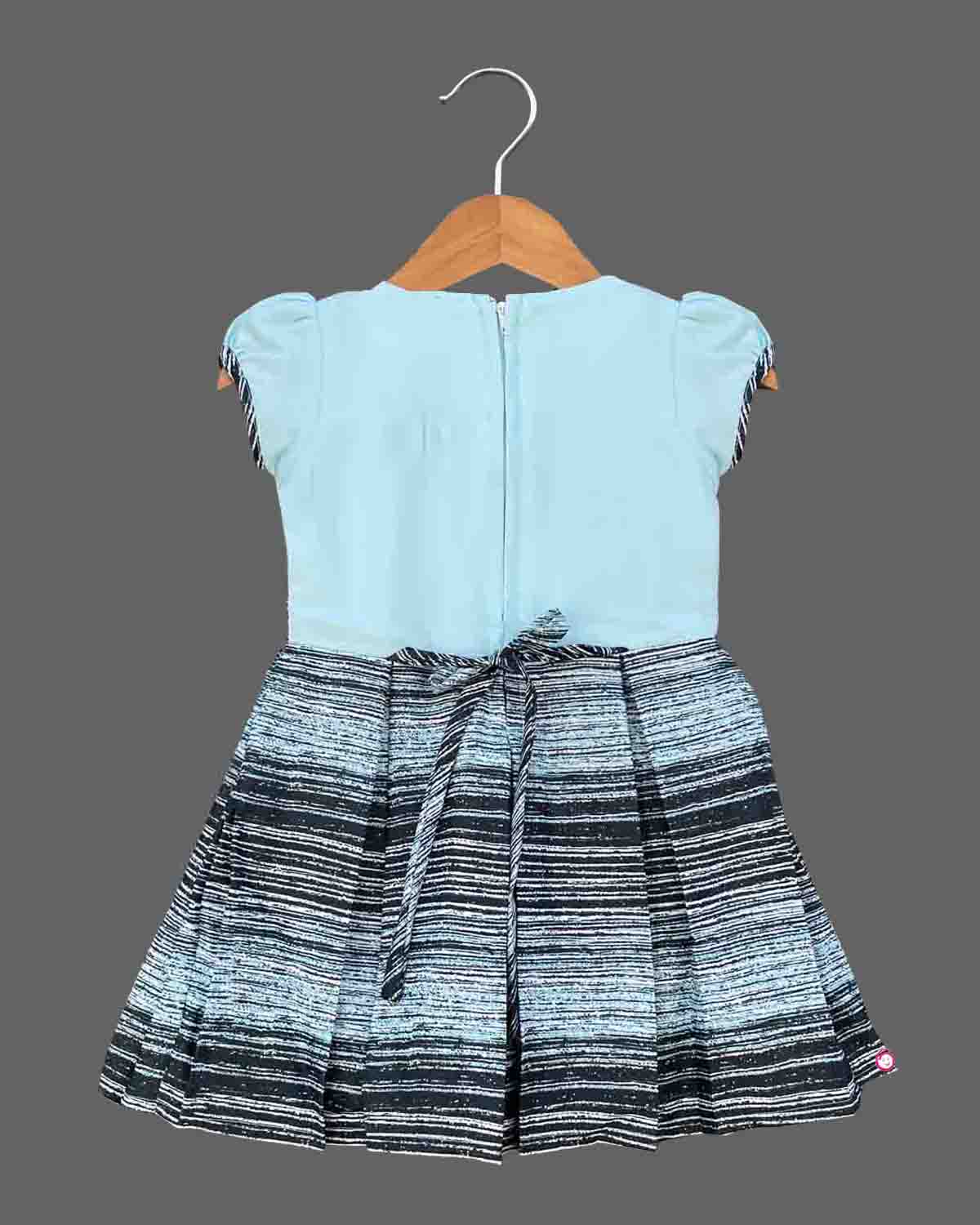 Girls bow printed dungaree style frock - Sky Blue