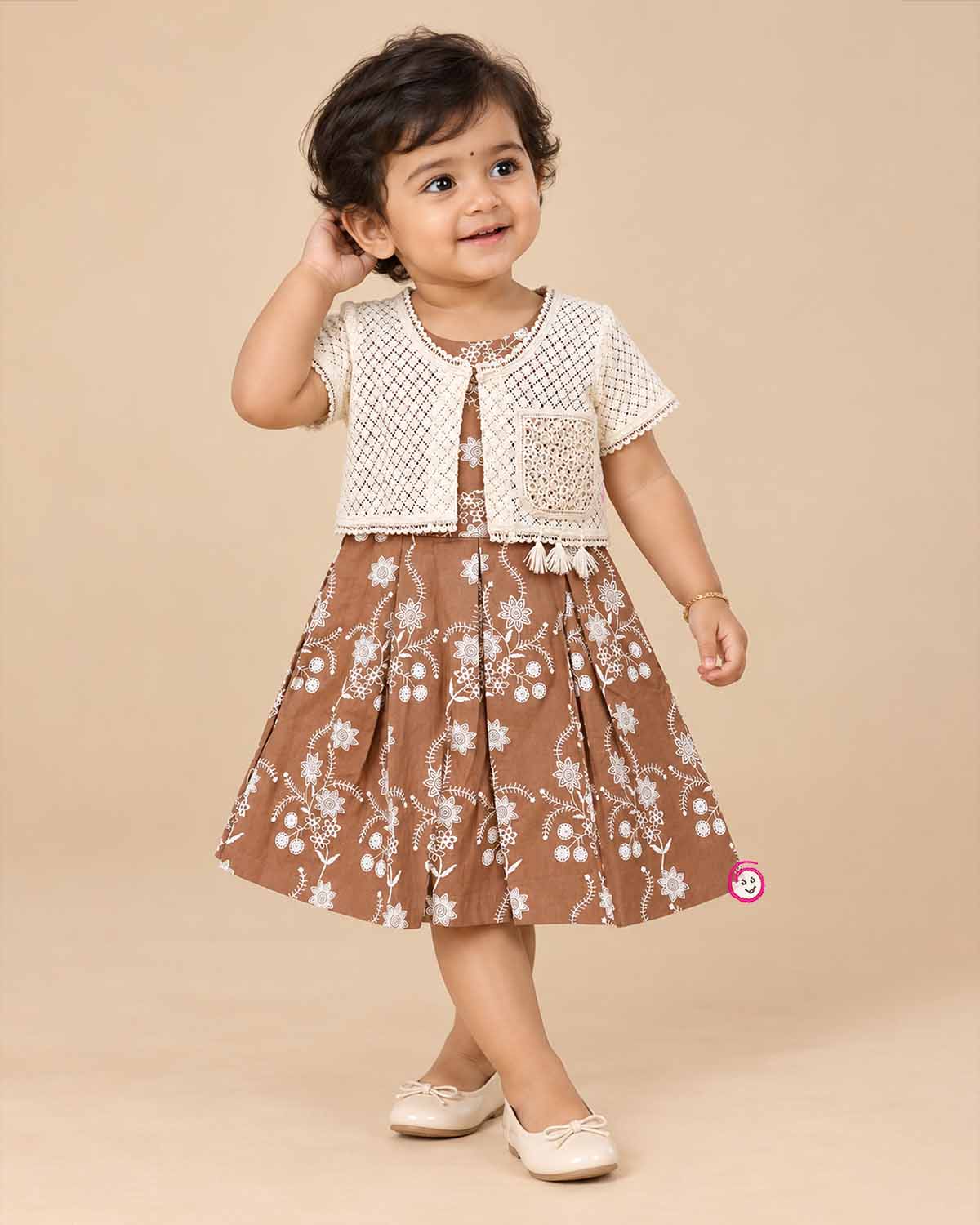 Little girl brown embroidered cotton frock with off-white lace shrug jacket for casual wear and parties
