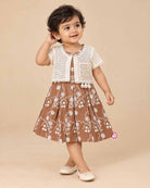 Little girl brown embroidered cotton frock with off-white lace shrug jacket for casual wear and parties
