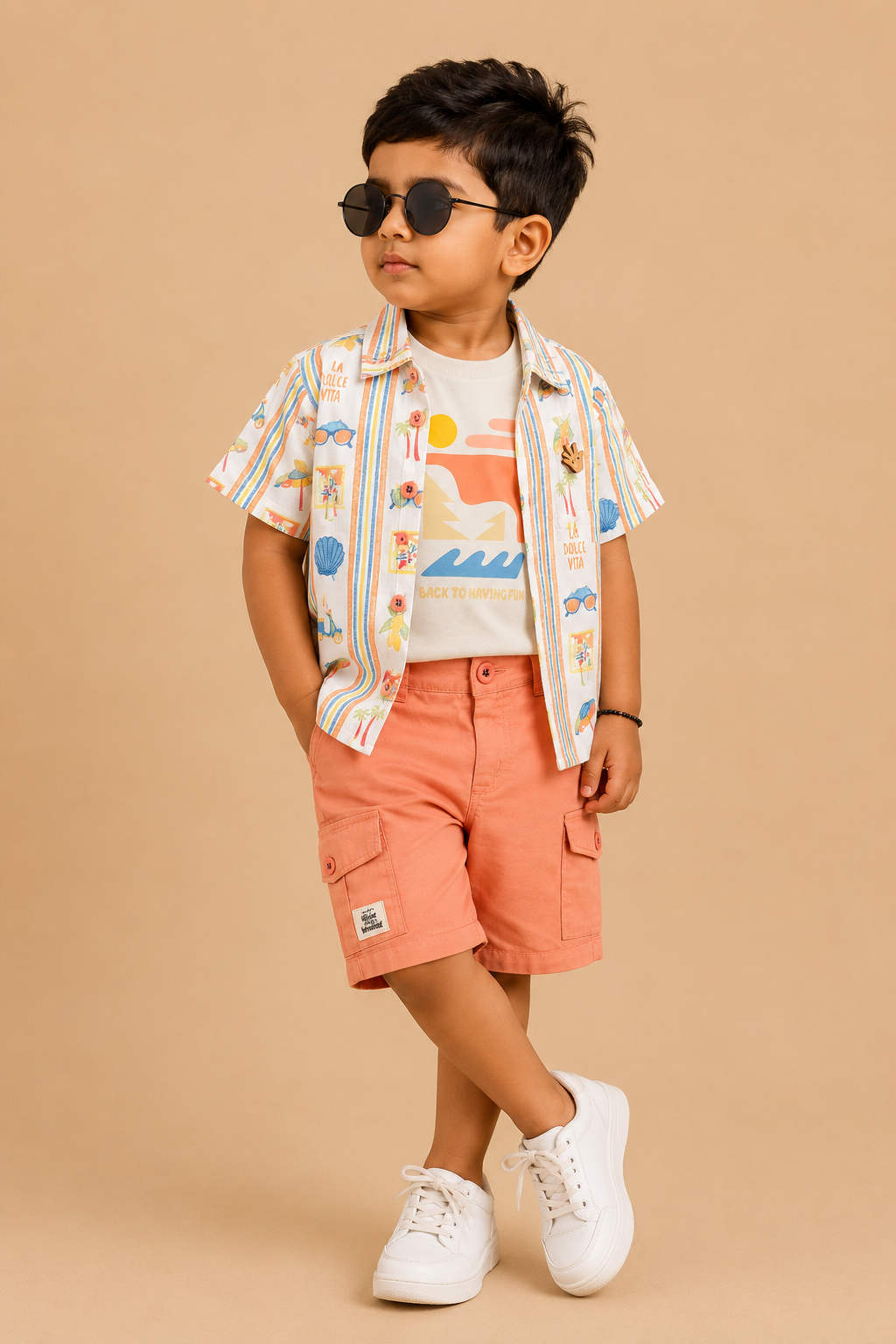 Vacation print short sleeve button down shirt with pocketed cargo shorts set for kids