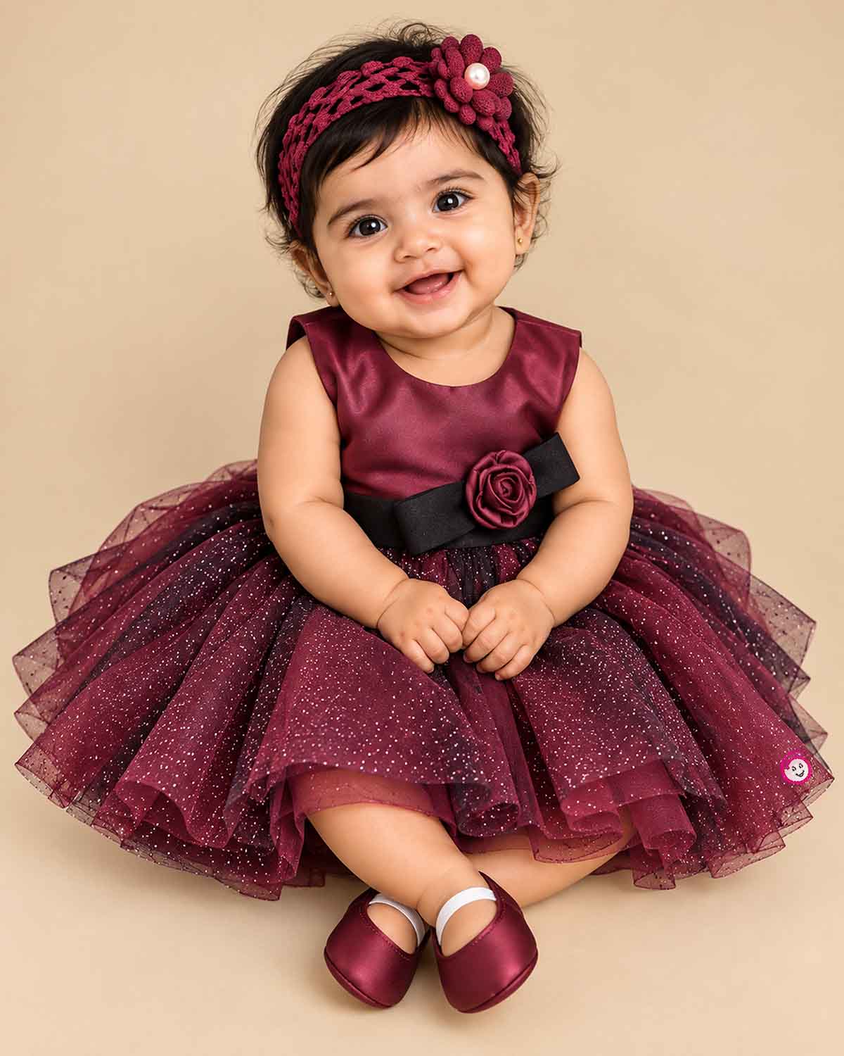 Wine purple and black glitter net frock for girls with waist flower for party wear