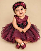 Wine purple and black glitter net frock for girls with waist flower for party wear