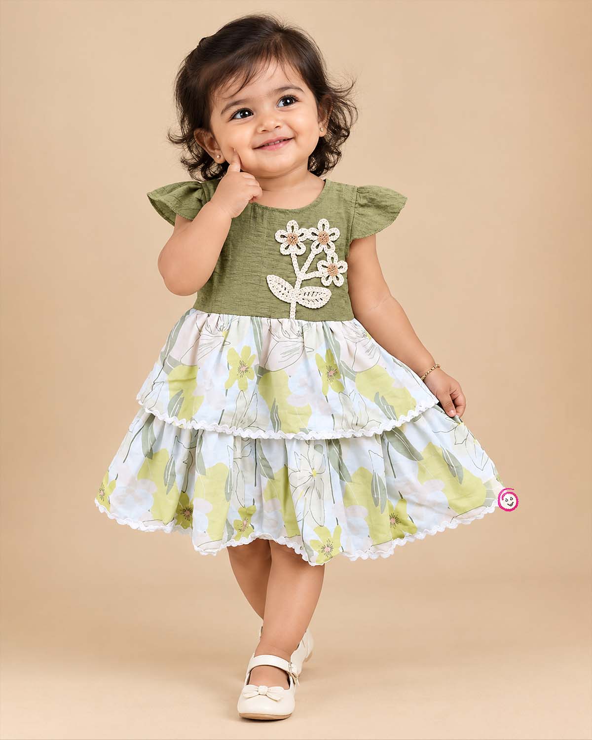 Baby girl tiered cotton casual frock with crochet floral applique and cap sleeves