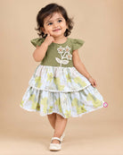 Baby girl tiered cotton casual frock with crochet floral applique and cap sleeves