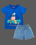 Royal blue graphic t-shirt with ice cream truck print and light wash blue denim elasticated shorts baby boy top and shorts set for summer vacations, playdates, and park outings