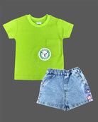 Lime green lion patch knitted top and denim shorts set for kids birthday parties, family outings, and festivals