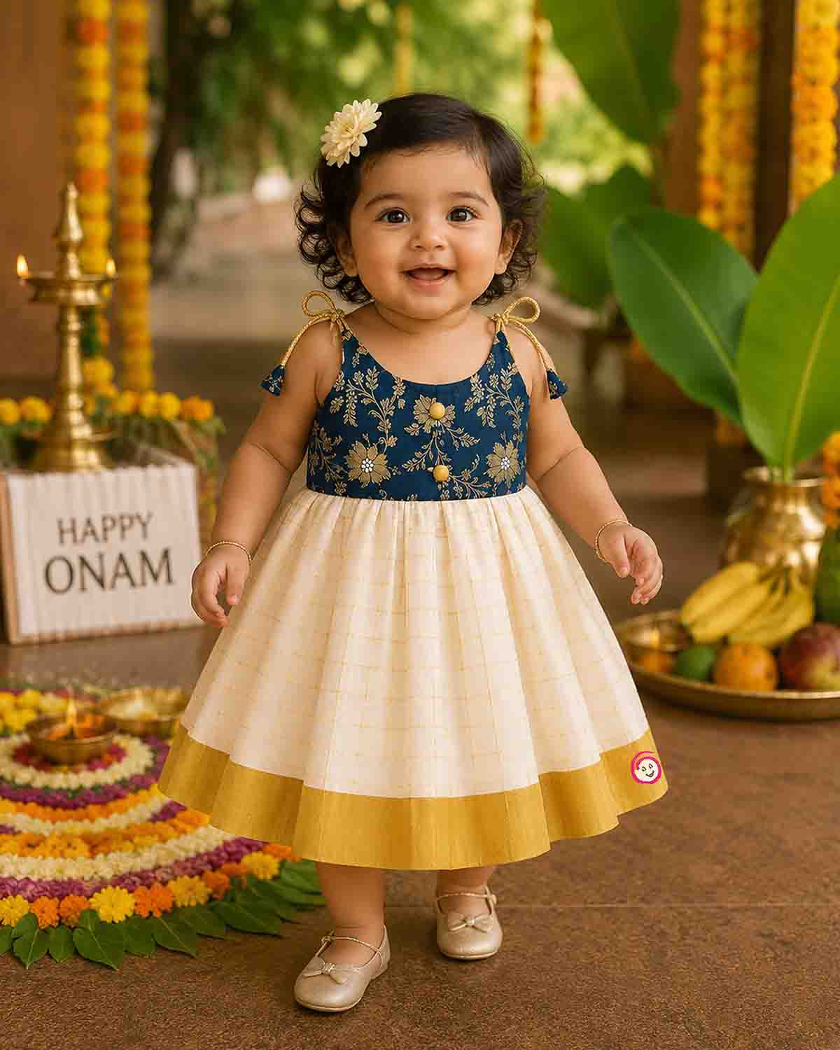 Young princess wearing shoulder tie-up brocade yoke frock with Kasavu pleated skirt for Onam