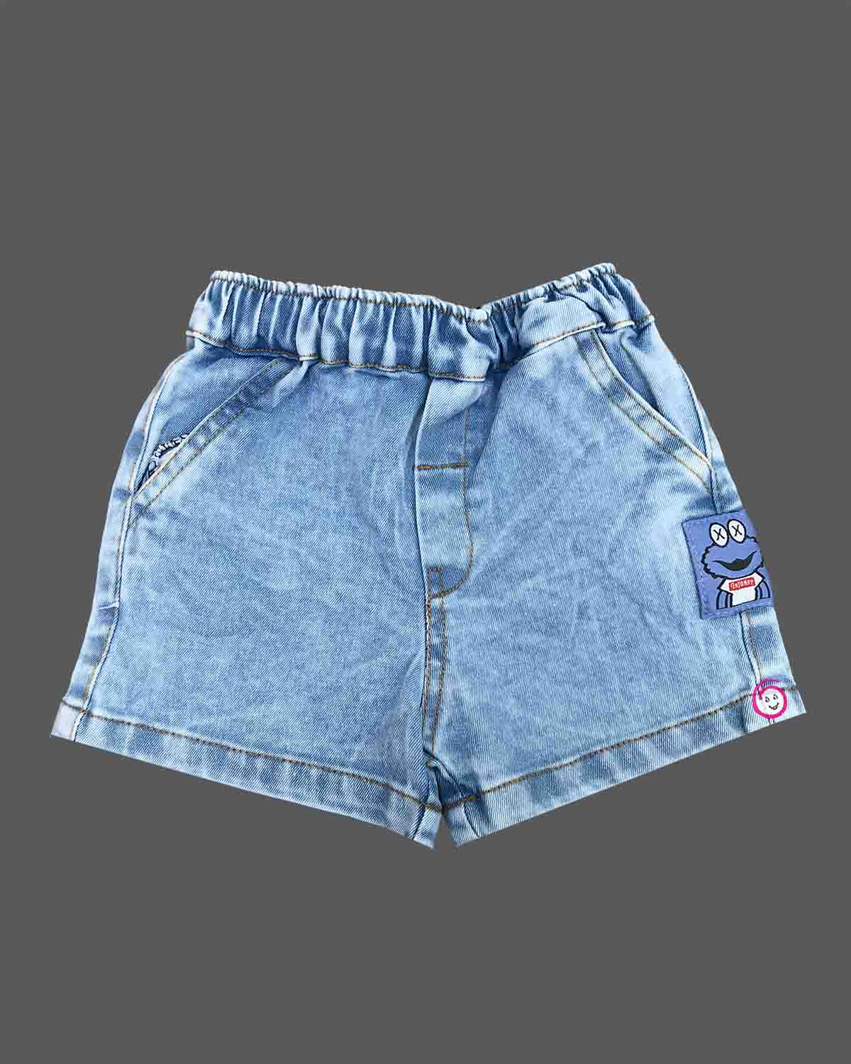 orange t-shirt with dark grey elephant patch and light wash blue denim elasticated shorts baby boy top and shorts set for summer vacations, playdates, and park outings