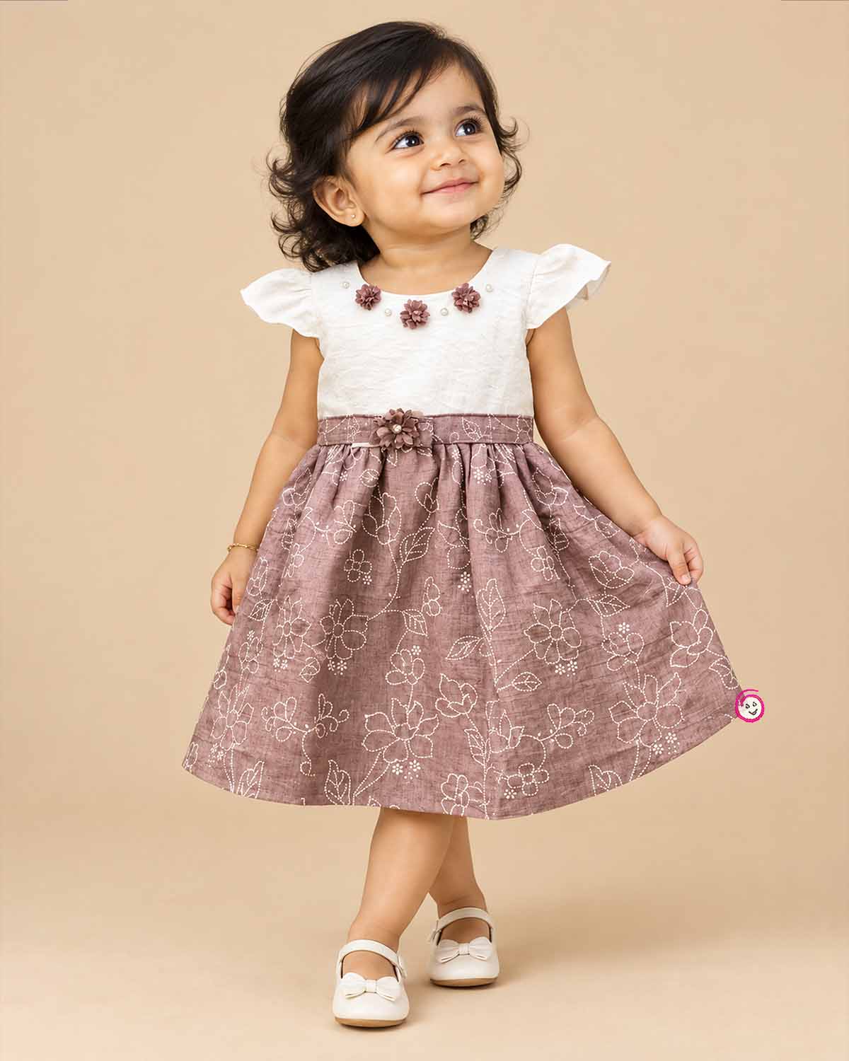 Baby girl cap sleeve floral dress with waist flower applique
