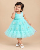 Turquoise Blue Toddler Net Frock with Sequins and Floral Embellishments for Parties and Birthdays