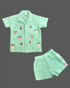 Baby boy embroidered textured cotton short sleeve button-down shirt with matching shorts set for everyday playwear