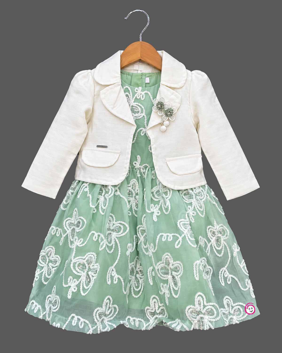 Embroidered net party frock with matching tailored blazer for kids party wear