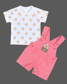 Baby boy pink dungaree shorts with printed teddy bear t-shirt set