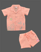 Peach embroidered muslin cotton  baby boy top and shorts set for summer vacations, playdates, and park outings