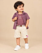 Toddler boys self-patterned collar short sleeve button-up shirt and shorts with rope belt