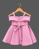 Baby party wear dress featuring structured scuba fabric and 3D floral neckline